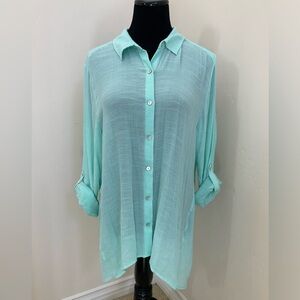 Chicos 3 Blouse Womens XL Aqua Lightweight Gauzy Lightweight Sheer Button Up